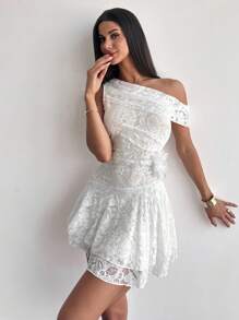 Firerie Asymmetrical Neck Cinched Waist Romantic Floral A-Line Lace White Mini Dress, Elegant For Dates, Parties, Vacations - White - View 8