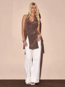 MUSERA توب طويل مجعد رقبة لولبية، تفاصيل الشق، للصيف والعطلات وأسلوب الشارع الجذاب، حفل عيد ميلاد أنيق و غربي