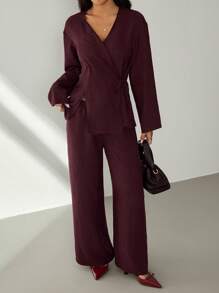 SHEIN PETITE Valentine's Day&New Year Women's Blazers, Burgundy Set,Suit Suits,Office Ladies' Wear, Business Ladies' Wear,Two Pieces Fall Outfits,Matching Outfits Couples,Shirt Set,Fall Clothes,Matching Family Pajamas,New Years Women Outfit - Burgundy - View 6