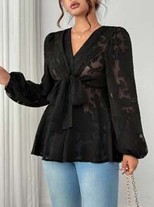 Elenzga Plus Size Women's V-Neck Long Sleeve Cross Tie Bow Waist Sheer Elegant Shirt, Going Out Tops Fall Cloth For Women