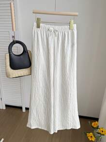 SHEIN Pantalones rectos con efecto de lino a rayas para niñas en primavera y verano, cómodos y amigables con la piel, de estilo minimalista y chic casual, adecuados para varias ocasiones - Beis - Ver 4