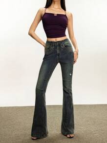 Rina Fox Women's Pockets & Distressed Flare Casual Versatile Jeans