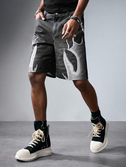Grunge Punk Shorts vaqueros grises para hombre con bolsillos, estampado digital de llamas