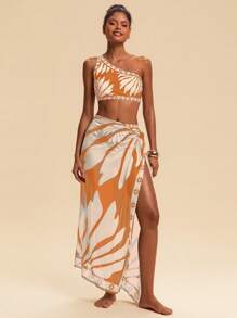 Travachic 女士夏季海滩植物印花性感比基尼套装（含罩衫） - 橘色 - 查看 5