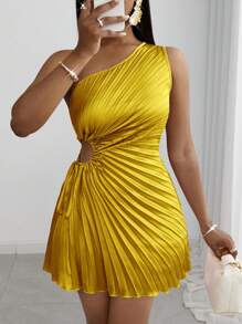 Slaydiva 全新夏季度假海滩优雅无袖单肩腰镂空抽绳百褶连衣裙半身裙 - A