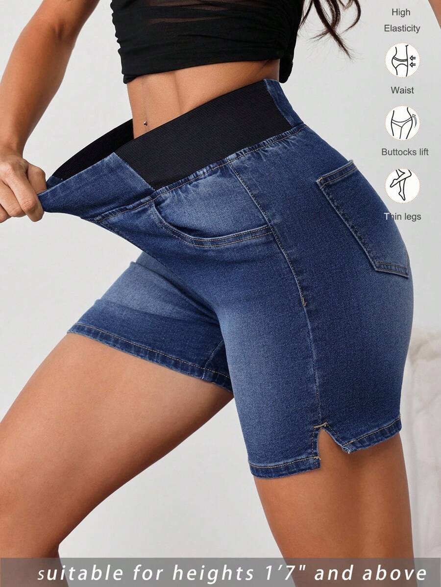 SHEIN Tall Quần short denim nữ, quần short thun bó thường ngày, màu xanh - Rửa tối - Xem 1