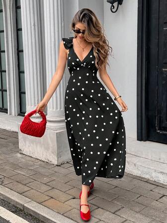 Chiquease 优雅波尔卡圆点印花无袖连衣裙，夏季