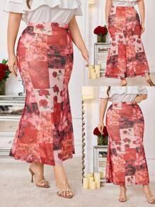 Modelyn Elegant Floral Printed Mesh Waist Tie Fitted Mermaid Hem Skirt, Plus Size, Spring/Summer - Multicolor - View 1