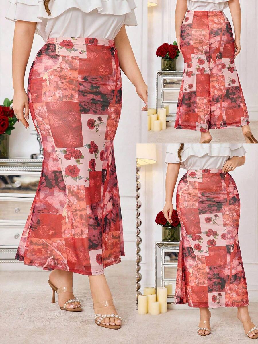 Modelyn Elegant Floral Printed Mesh Waist Tie Fitted Mermaid Hem Skirt, Plus Size, Spring/Summer - Multicolor - View 1
