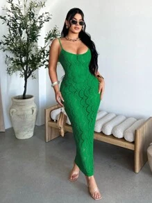 SHEIN SXY Women's Solid Color Hollow Out Knit Fitted Dress - Green - View 5