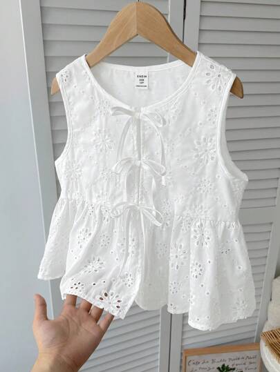 SHEIN 青少年女孩休闲日常度假纹理蝴蝶结短款上衣