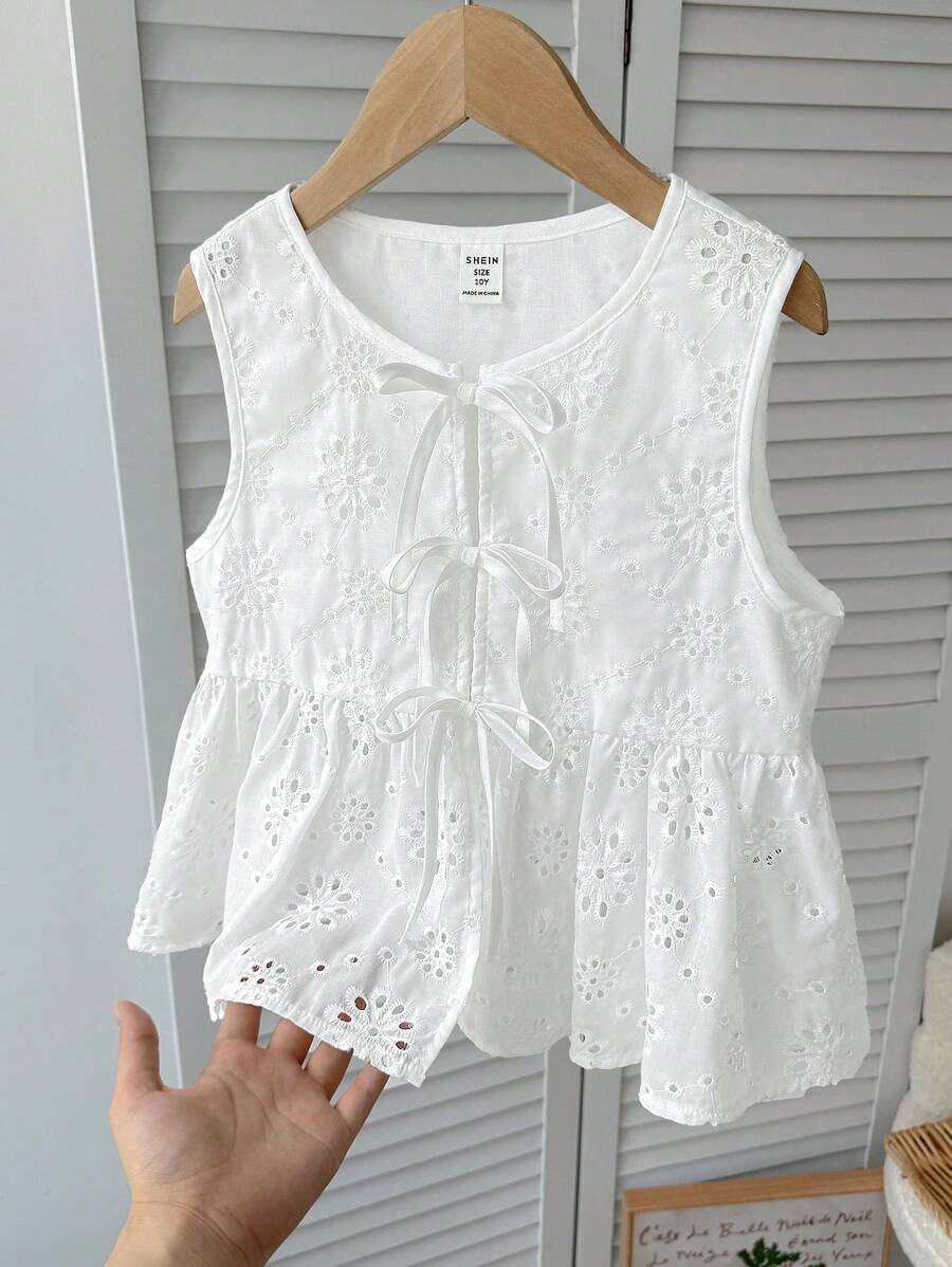 SHEIN 青少年女孩休闲日常度假纹理蝴蝶结短款上衣 - 白色 - 查看 1