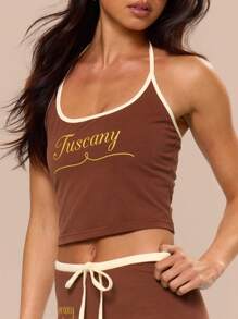 MUSERA Kontrast Saum Neckholder Passform Kurzes "Toskana" Grafik Muster Crop Top Nur Sommerurlaub Feiertag Festival Süß Lässig Elegant Toskana Sonne Grafik Top Flughafen Frühling - Kaffeebraun - Übersicht 2