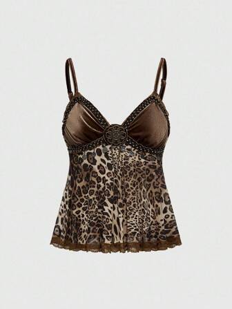 Hippie Top style hippie vintage en patchwork de velours imprimé léopard, modèle camisole