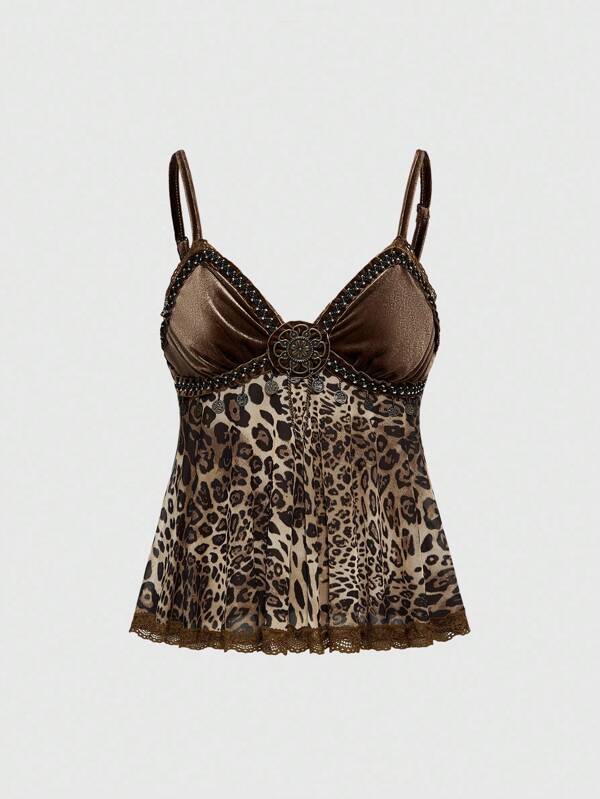 ROMWE Hippie Vintage Hippie Style Velvet Patchwork Leopard Print Top, Camisole Design