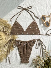 Swim Vcay 2pcs/Set Women Holiday Beach Rhinestone Decor Halter Top & Side Tie Bottom, Coverup Set For Summer Beach Vacation - Brown - View 1