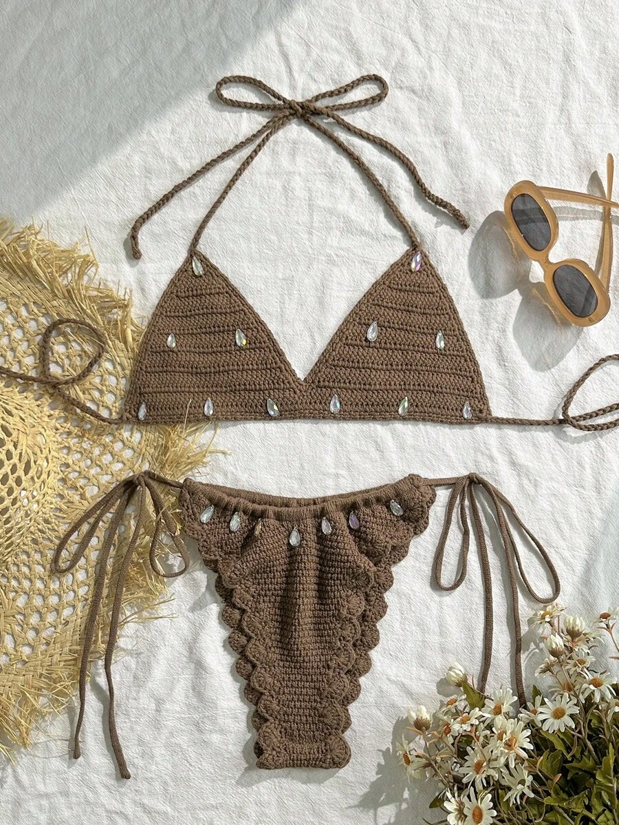 Swim Vcay 2pcs/Set Women Holiday Beach Rhinestone Decor Halter Top & Side Tie Bottom, Coverup Set For Summer Beach Vacation - Brown - View 1