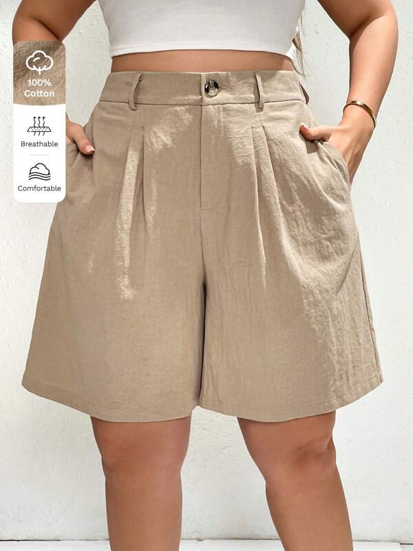 SHEIN Essnce Plus Size Women's Fashion Summer Outfits For Women Beach Outfits For Woman Business Casual Woman Work Clothes Women Baggy Pants High Waisted Shorts Casual Commuting Vacation Khaki Pocket 5-Point Pants, Linen Pants Shorts For Women Flowy Pants