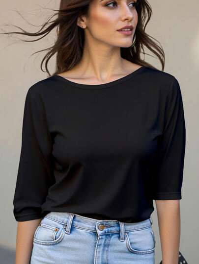 INAWLY Women's Solid Color Round Neck Mid-Length Sleeve Simple T-Shirt, Casual Business Everyday Wear