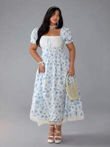Flirla Plus Size Women Blue Ditsy Floral Puff Sleeve Dress - Multicolor - View 6