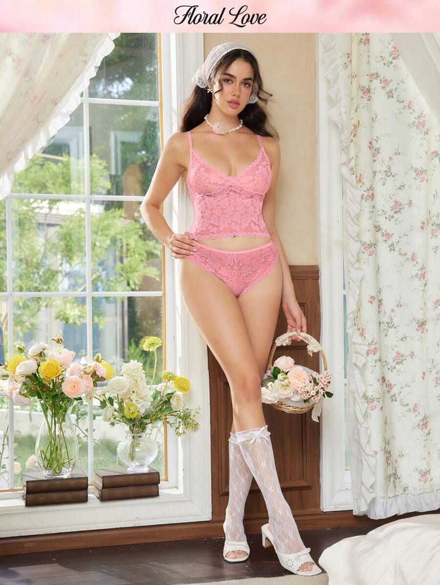 SHEIN Women Pink Lace Spaghetti Strap Sexy Lingerie Set With Scallop Details - Pink - View 1
