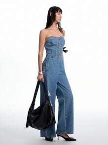 LYSMO 女士时尚纽扣设计口袋吊带牛仔连体裤 - 藍色 - 查看 4