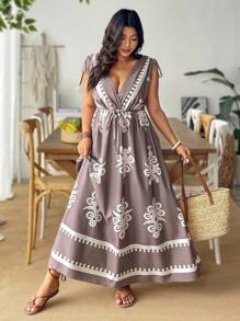 SHEIN LUNE Plus Size Women's White Summer Boho Vacation Holiday V-Neck Drawstring Cinched Waist-Up Ankle Length Casual Resort Printed Woven Dress - Multicolor - View 3