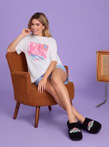 FRIENDS X SHEIN Pantuflas mullidas bordadas con taza de café Central Perk para mujer, suaves y cómodas para el hogar, la sala de estar, el dormitorio, regalos