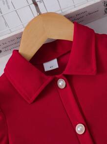 Elladie kids 年轻女孩纯色翻领泡泡袖前开可爱夏季连衣裙，配迷你手提包 - 紅色 - 查看 6