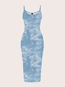 SHEIN EZwear 休闲简约街头风格浅蓝色扎染抽象印花紧身吊带长裙，适合夏季穿着 - 彩色 - 查看 5