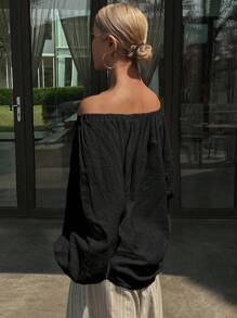 Livesso 女士宽松休闲沙滩度假风衬衫，夏季新品，秋季女装长袖露肩上衣 - 黑色 - 查看 2