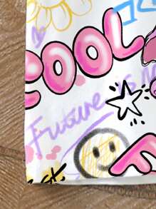 Camiseta de manga corta básica para niñas pequeñas con estampado de dibujos animados, graffiti, coser y lema colorido. - Blanco - Ver 6