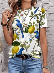 EMERY ROSE Camiseta de mujer de manga corta, cuello redondo, estampado en acuarela de limones, flores y pájaros, de corte holgado