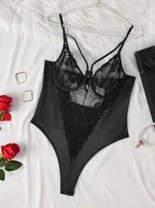 SHEIN 大码女式经典性感蕾丝和网眼拼布紧身衣 - 黑色 - 查看 5