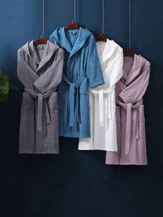 SHEIN 1pc Thick Long Sleeve Hooded Towel Bathrobe, Adult Hooded Towel Bathrobe, Guesthouse Hotel SPA, Thick Towel Fabric, Four Seasons Bathrobe, Soft Absorbent, Loose Fit, Multiple Colors, Simple Design, Bathroom Supplies, Household Items