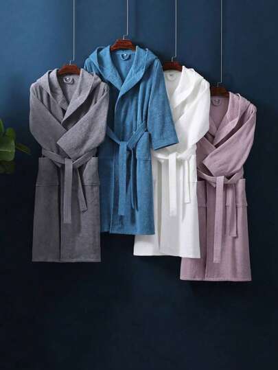 SHEIN 1件加厚长袖连帽毛巾浴袍成人连帽毛巾浴袍宾馆酒店SPA加厚毛巾面料四季浴袍柔软吸水宽松版型多种颜色简约设计浴室用品家居用品