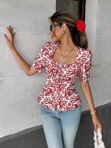 Rafferiza 女式休闲全印花短袖衬衫，夏季 - 紅色 - 查看 1