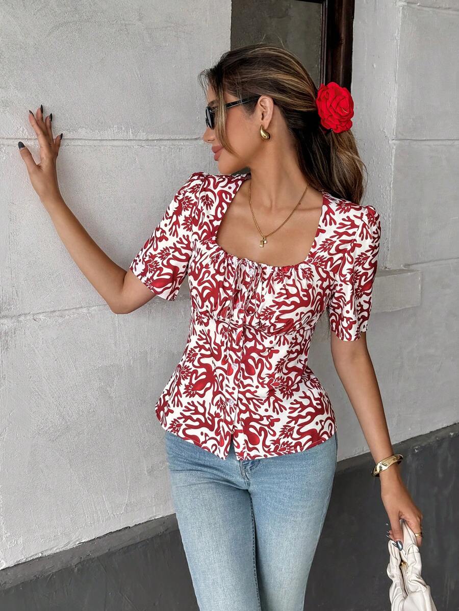 Rafferiza 女式休闲全印花短袖衬衫，夏季 - 紅色 - 查看 1