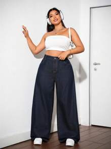 SHEIN CURVE+ Jeans di jeans casual a vita alta, con gamba larga e svasata, taglie comode per donne formose