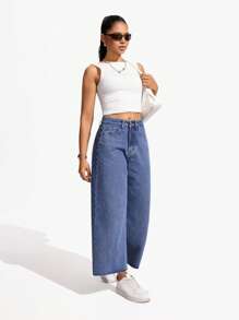 SHEIN Unity Casual Relaxed Fit Washed Wide Leg Jeans Y2k - Medium Wash - View 5