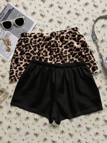 SHEIN EZwear 2pcs/Set Women Leisure Sports Leopard Print & Stripes Pattern Button-Up Tie-Front Shorts Set, Suitable For Summer Back To School - Black - View 2