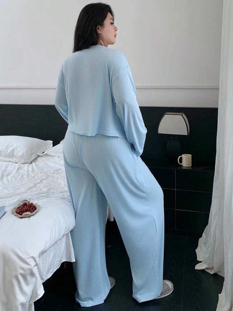 Dazy Plus Plus Size Loose V-Neck Long Sleeve Top With Tie Front And Elastic Waist Pants Pajama Set, Fall Winter Clothes, Cozy Outfits