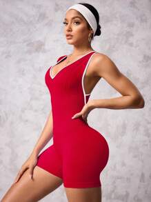 Easithlete 1 件女式扭纹细节瑜伽跑步连体衣 - 紅白色 - 查看 4