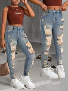 少女时尚休闲复古Y2K镂空破洞磨边设计舒适宽松柔软蓝色弹力修身牛仔裤，适合少女日常穿着，也适合秋季、冬季穿着，是返校、返校节、锐舞派对、音乐节和海滩活动的理想选择。 - 藍色 - 查看 1