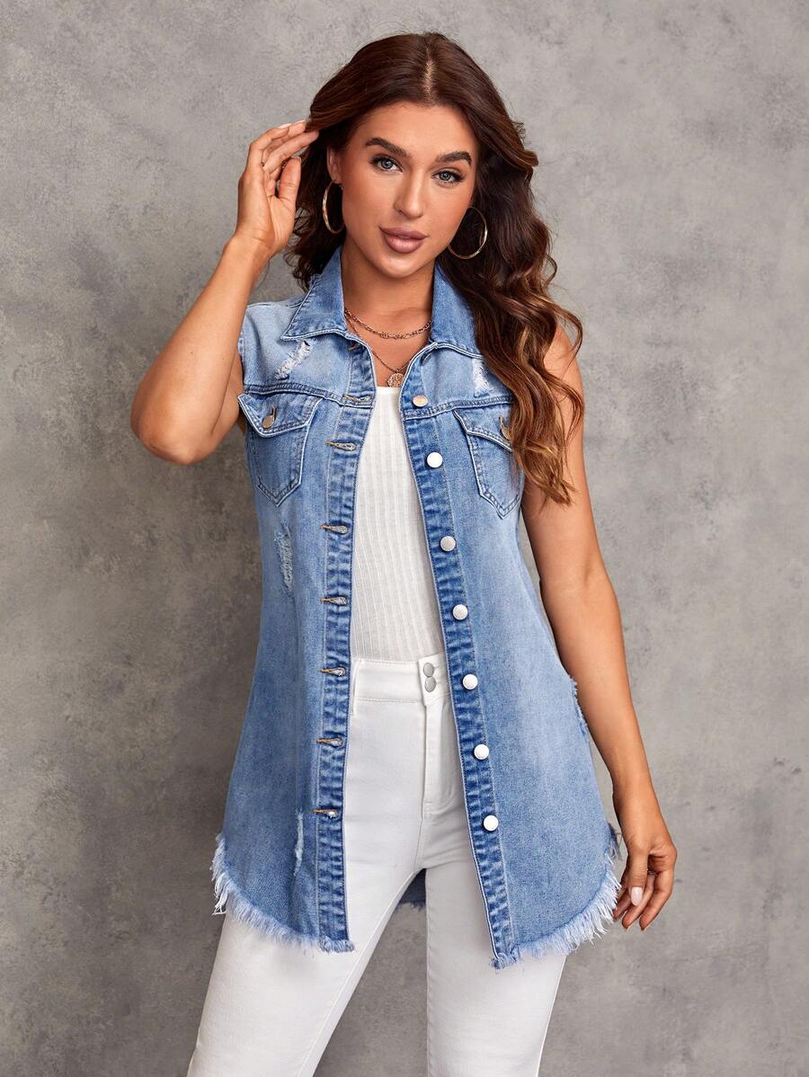 EMERY ROSE Women's Summer Sleeveless Ripped Single-Breasted Casual Denim Jacket - Medium Wash - View 1