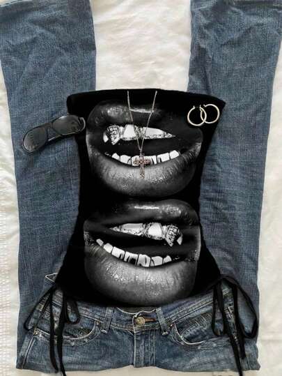 SHEIN EZwear 女式简约 Y2K 复古黑白肖像唇形设计褶饰系带前短款上衣