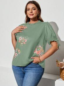 SHEIN Clasi 大码女式碎花荷叶边灯笼袖休闲衬衫女式花朵上衣