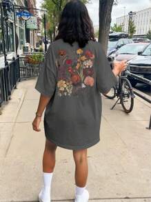 SHEIN Unity Plus Size Women Floral Print Round Neck Drop Shoulder Casual T-Shirt, Summer - Dark Grey - View 3