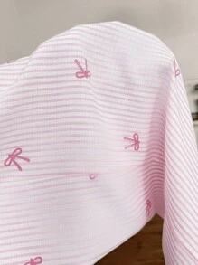 SHEIN Conjunto de pijama de mujer con cuello redondo, rayas rosas, estampado de lazos y mangas 3/4 con cordón - Rosa - Ver 7