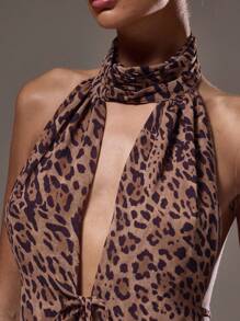 MUSERA Top sin mangas con estampado de leopardo, cuello halter, con doble lazo delantero y drapeado, para verano, festivales, vacaciones, look lindo y sexy, estilo vaquera, primavera, Ibiza, salir, club